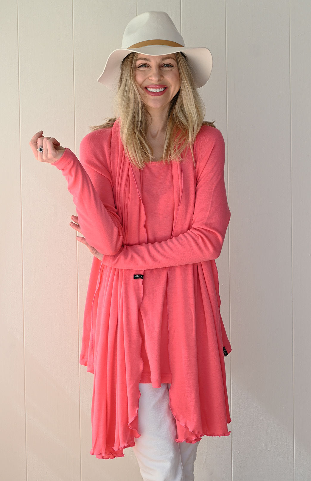 Watermelon Pink Women's Merino Wool Long Sleeve Top with Raglan Sleeves