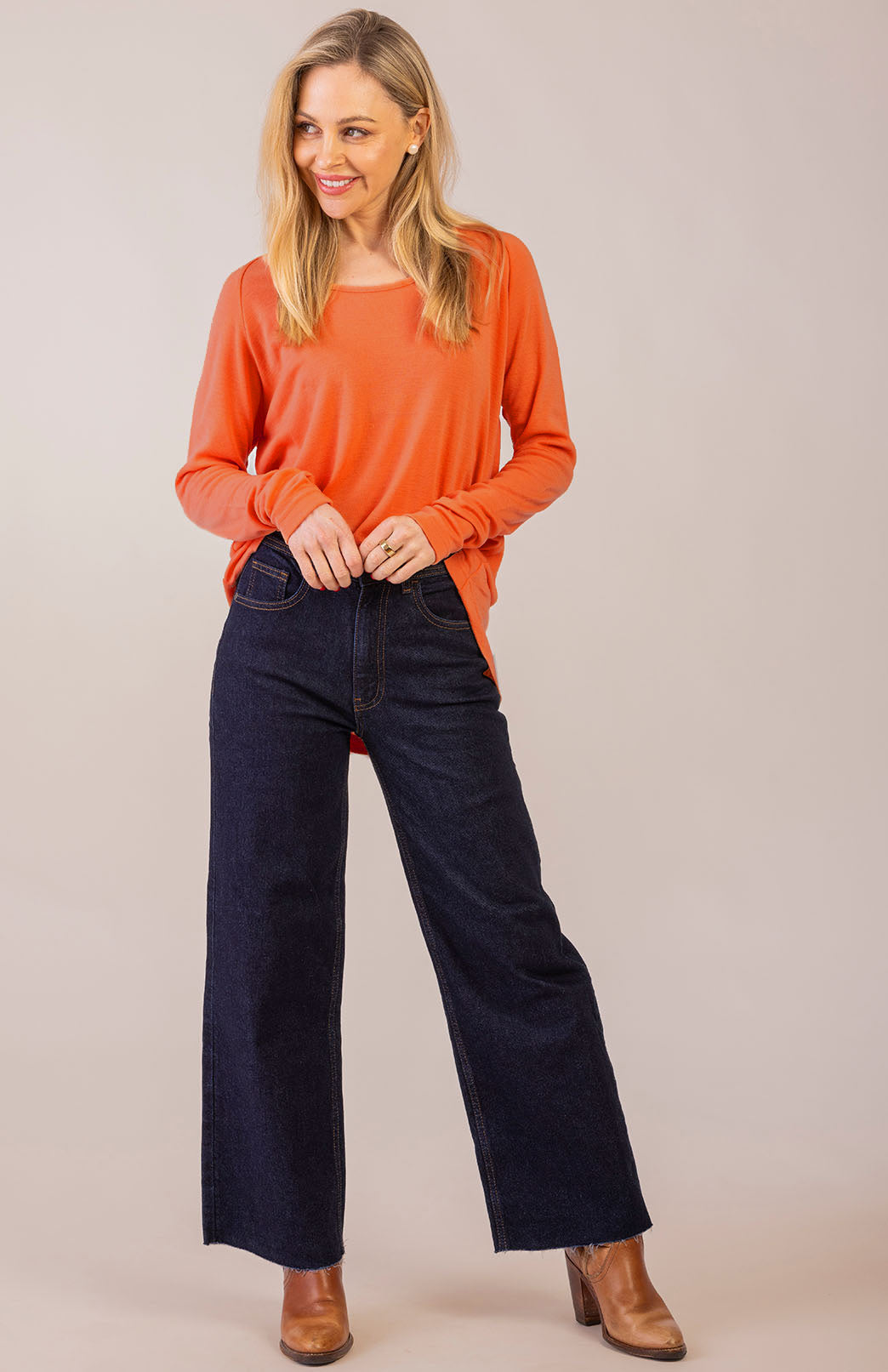 Burnt Orange Women's Merino Wool Long Sleeve Top with Raglan Sleeves
