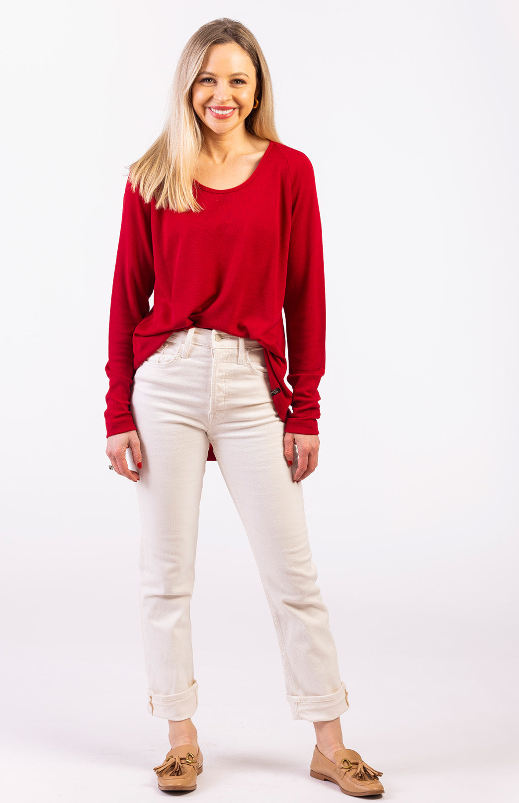 Chilli Red Women's Merino Wool Long Sleeve Top with Raglan Sleeves
