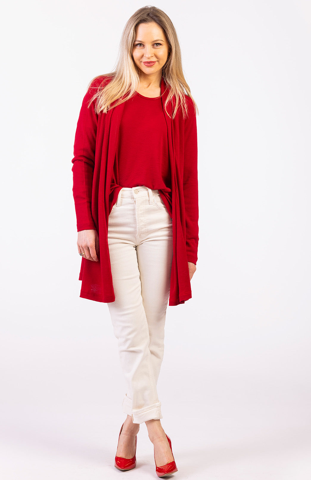 Chilli Red Women's Merino Wool Drape Cardigan