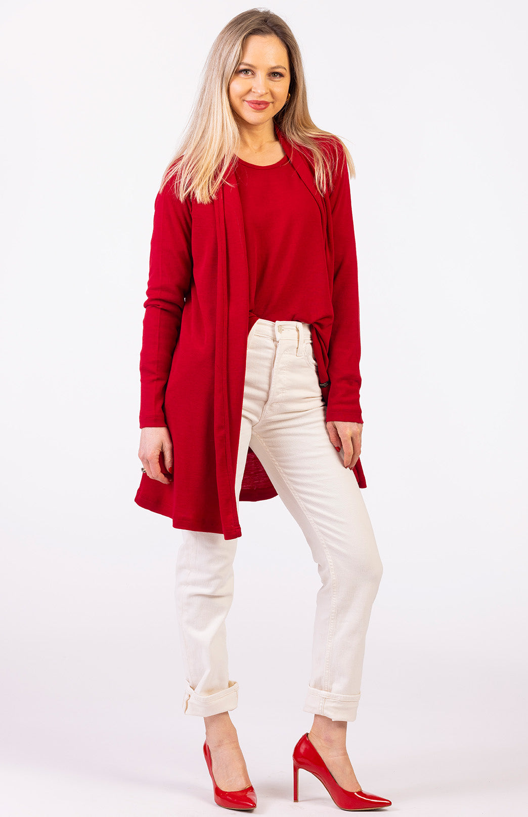 Chilli Red Women's Merino Wool Drape Cardigan
