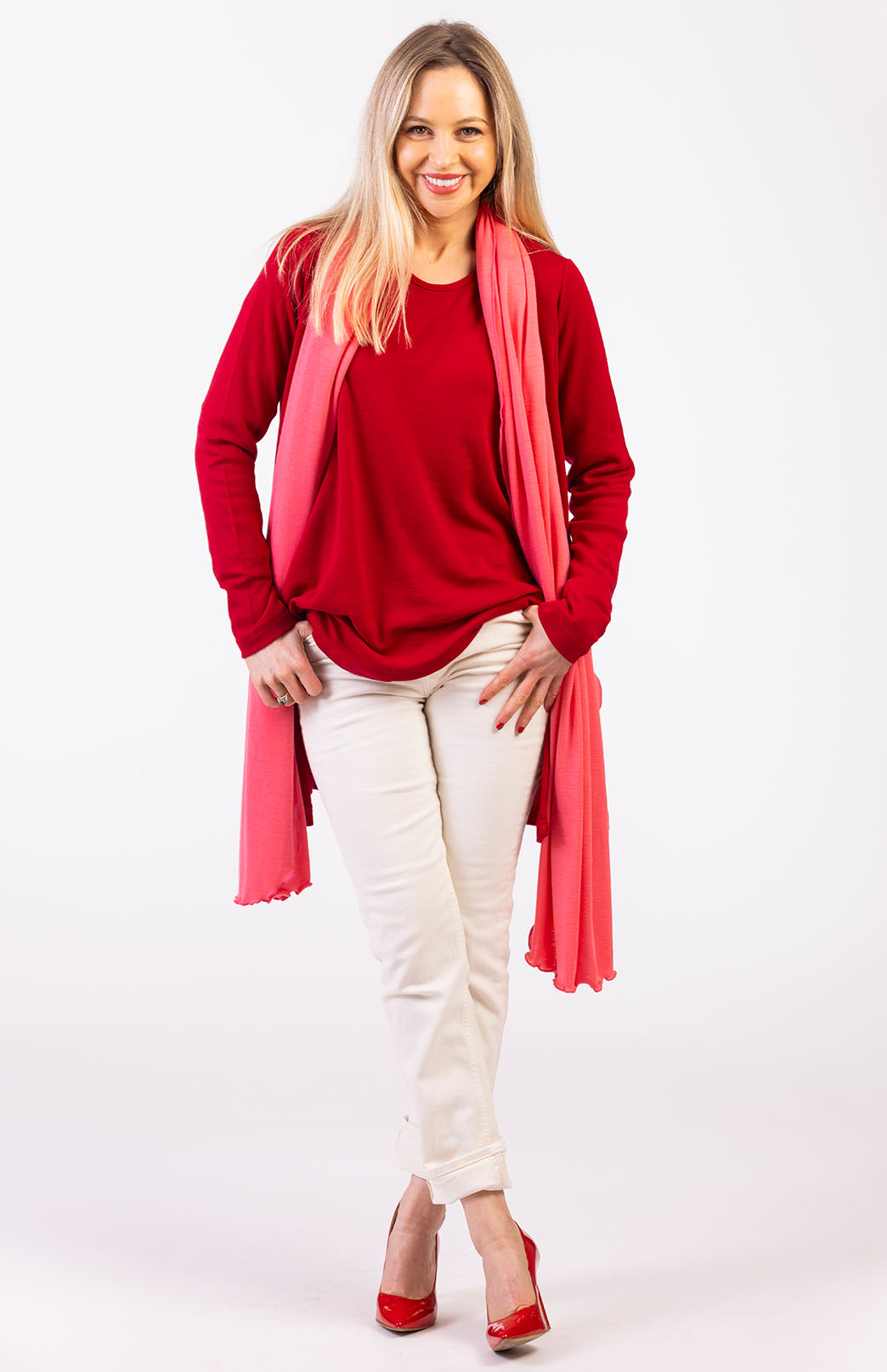 Chilli Red Women's Merino Wool Long Sleeve Top with Raglan Sleeves
