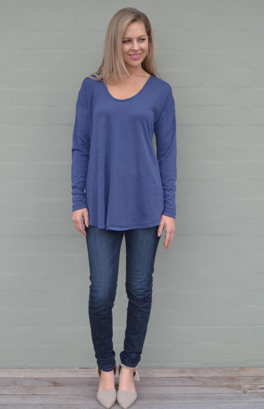 Crown Blue Women's Merino Wool Long Sleeve Top with Raglan Sleeves