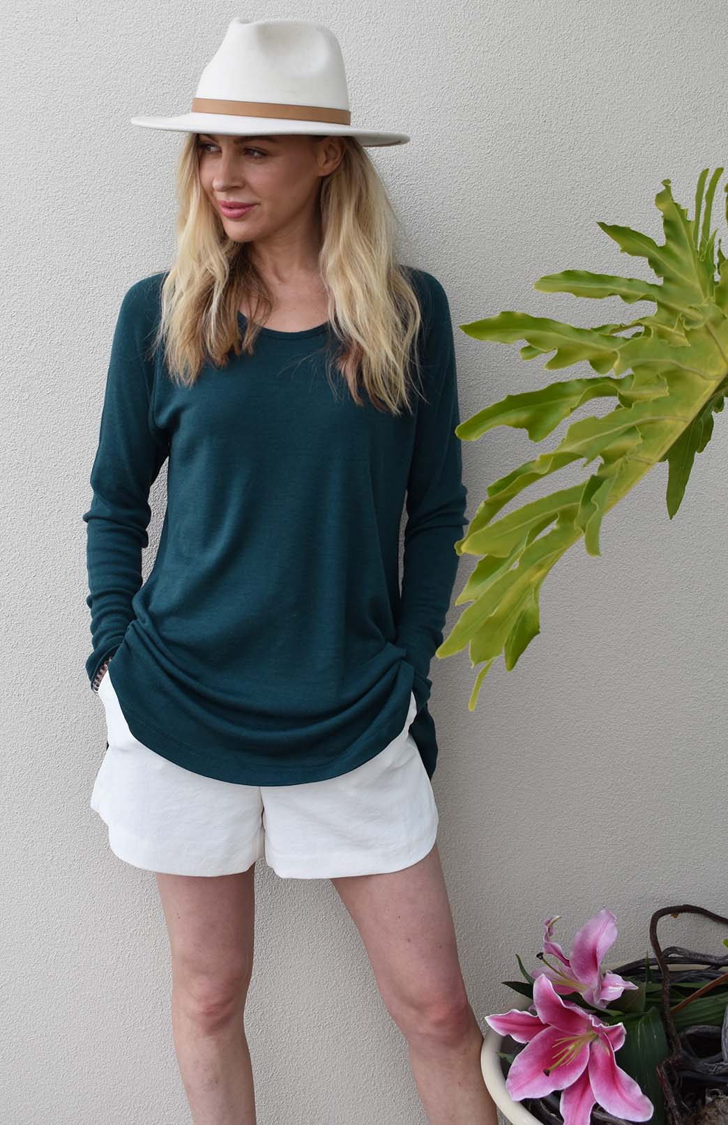 Deep Sea Green Women's Merino Wool Long Sleeve Top with Raglan Sleeves