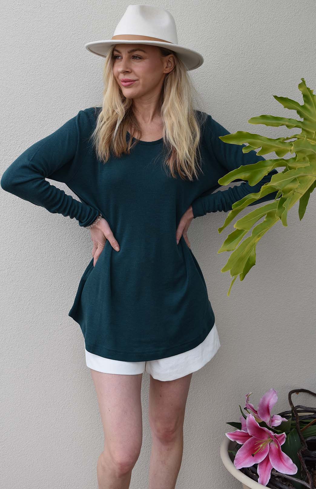 Deep Sea Green Women's Merino Wool Long Sleeve Top with Raglan Sleeves