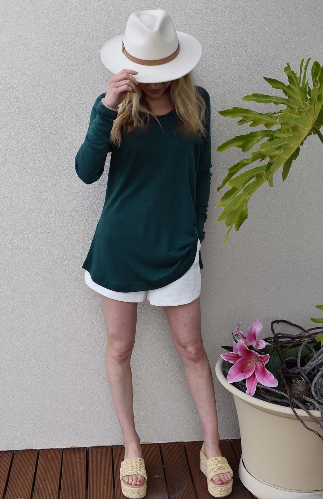 Deep Sea Green Women's Merino Wool Long Sleeve Top with Raglan Sleeves