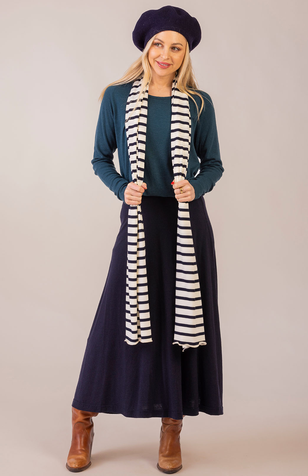 Navy Blue & Cream French Stripe Women's Merino Wool Multi Striped Scarf