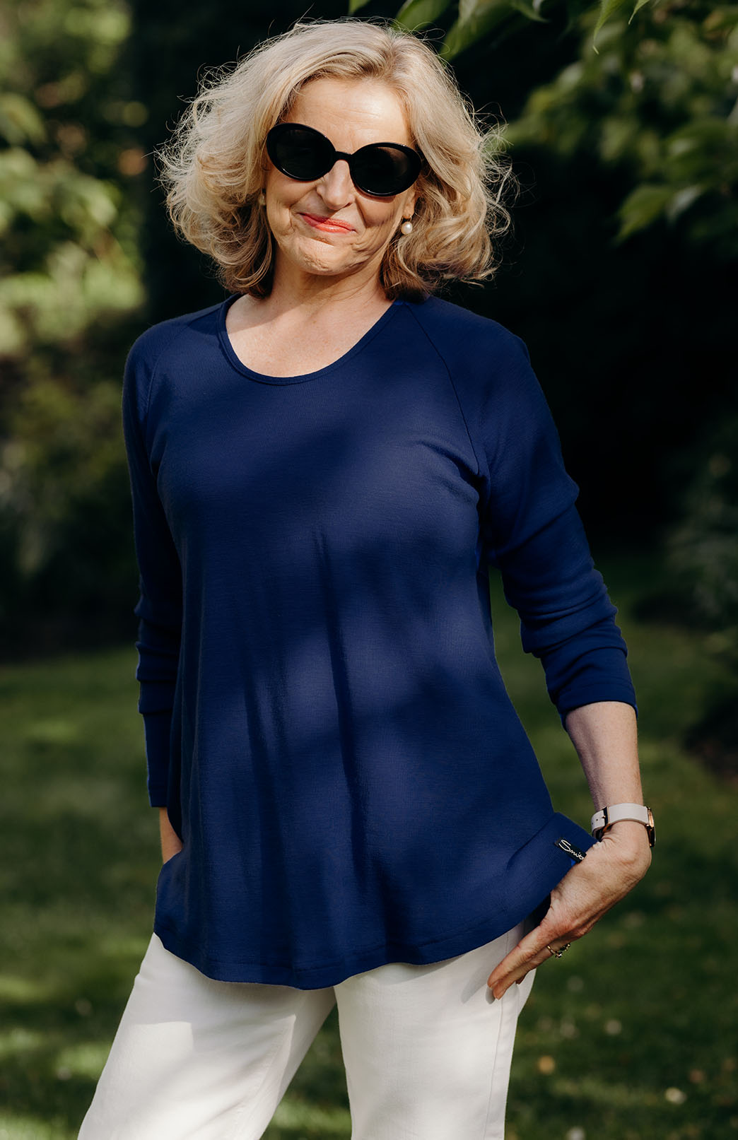 French Navy Blue Women's Merino Wool Long Sleeve Top with Raglan Sleeves