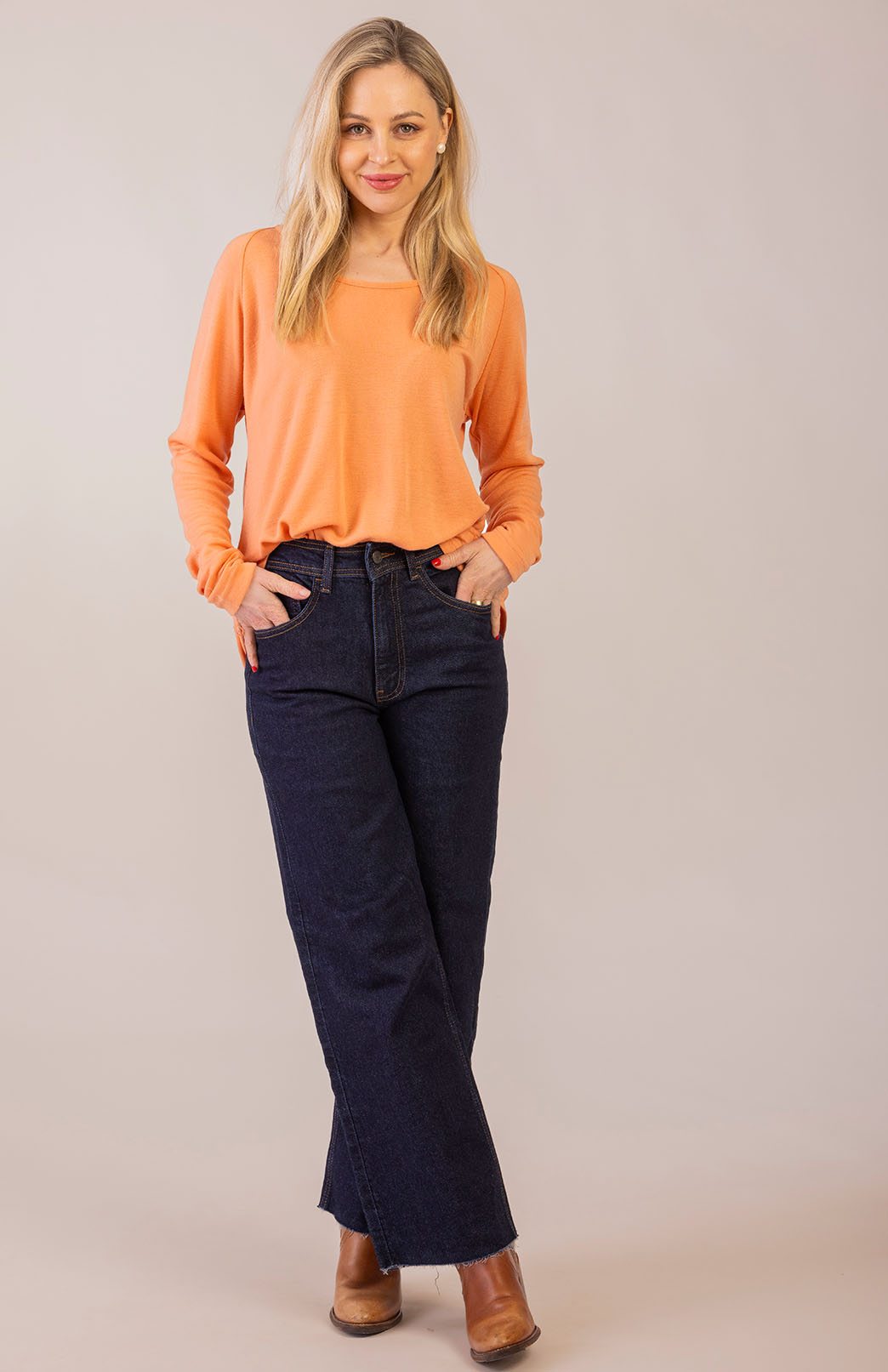 Peach Guava Women&#39;s Merino Wool Long Sleeve Top with Raglan Sleeves
