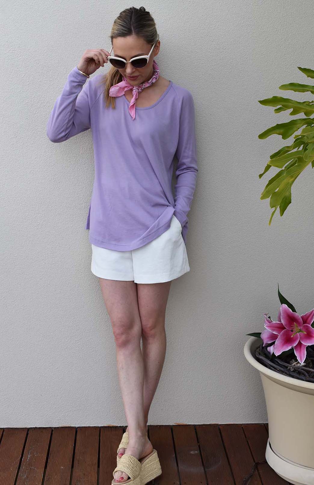 Soft Violet Purple Women's Merino Wool Long Sleeve Top with Raglan Sleeves
