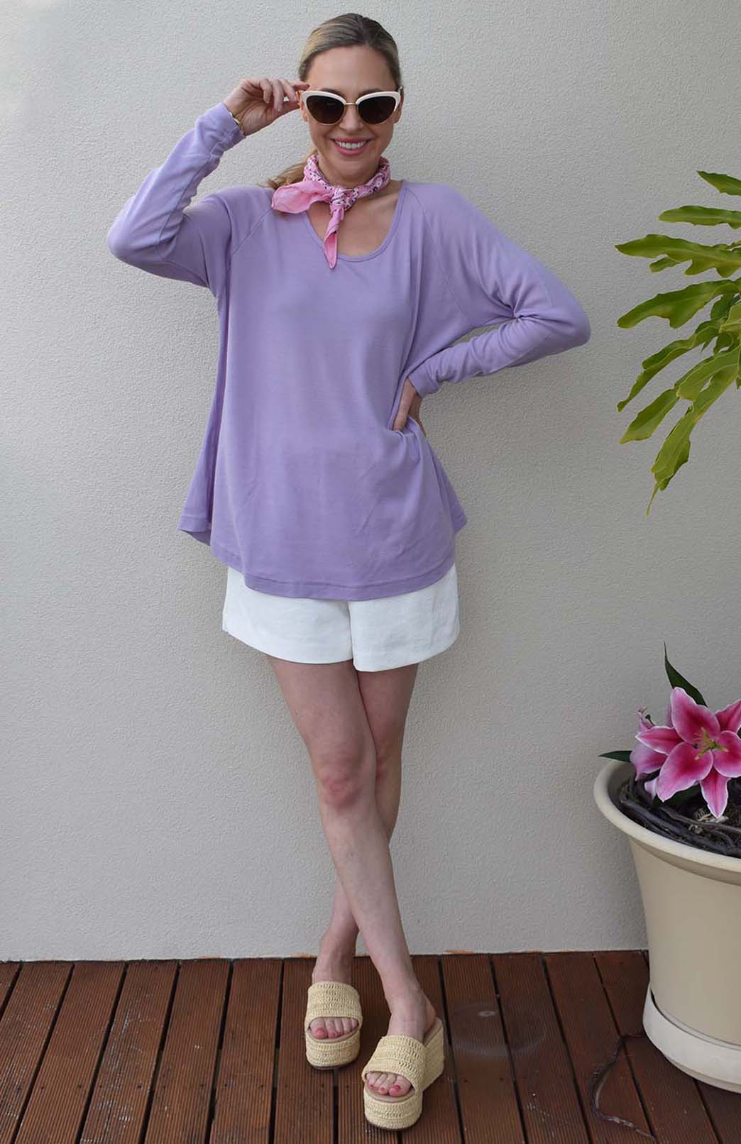 Soft Violet Purple Women's Merino Wool Long Sleeve Top with Raglan Sleeves