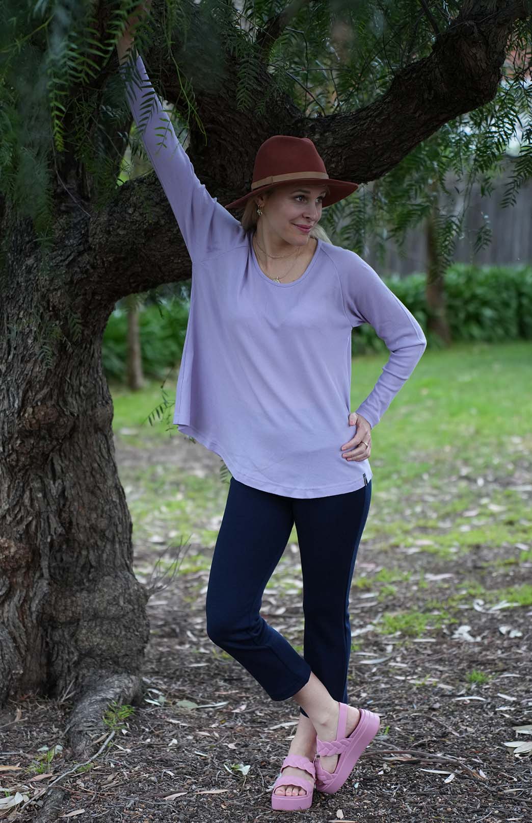 Soft Violet Purple Women's Merino Wool Long Sleeve Top with Raglan Sleeves