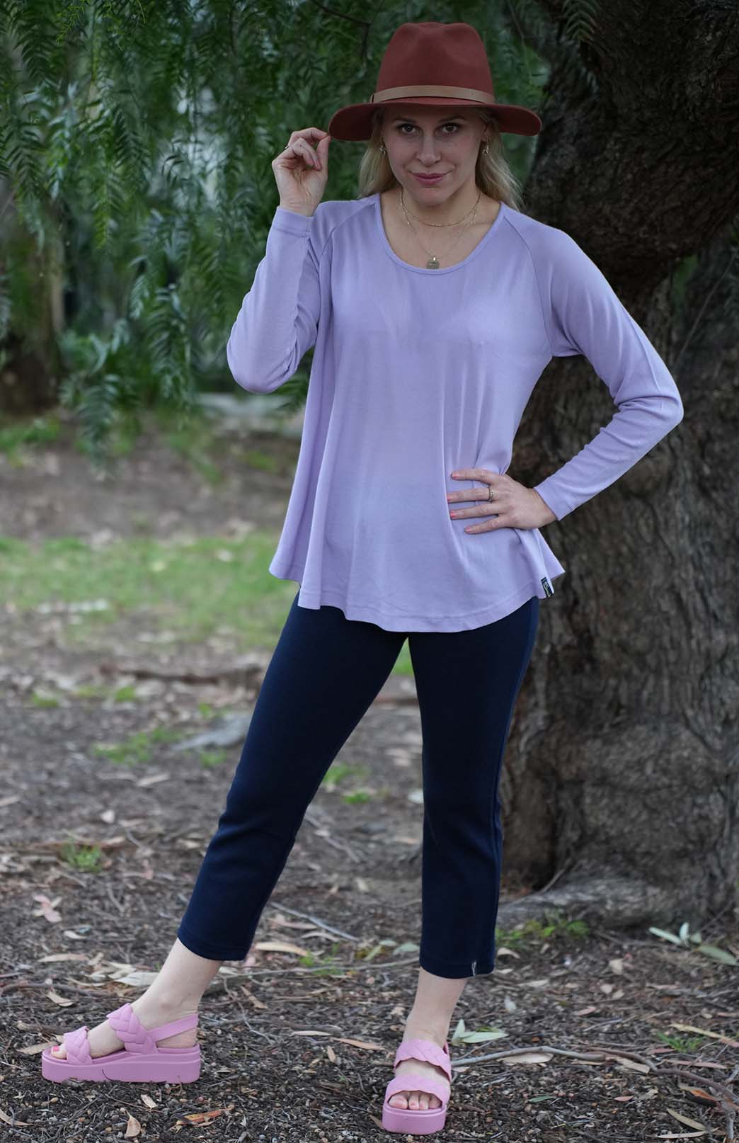 Soft Violet Purple Women's Merino Wool Long Sleeve Top with Raglan Sleeves