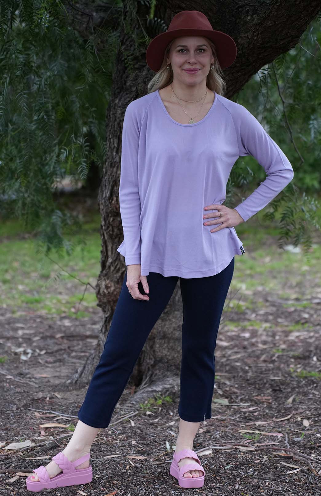 Soft Violet Purple Women's Merino Wool Long Sleeve Top with Raglan Sleeves