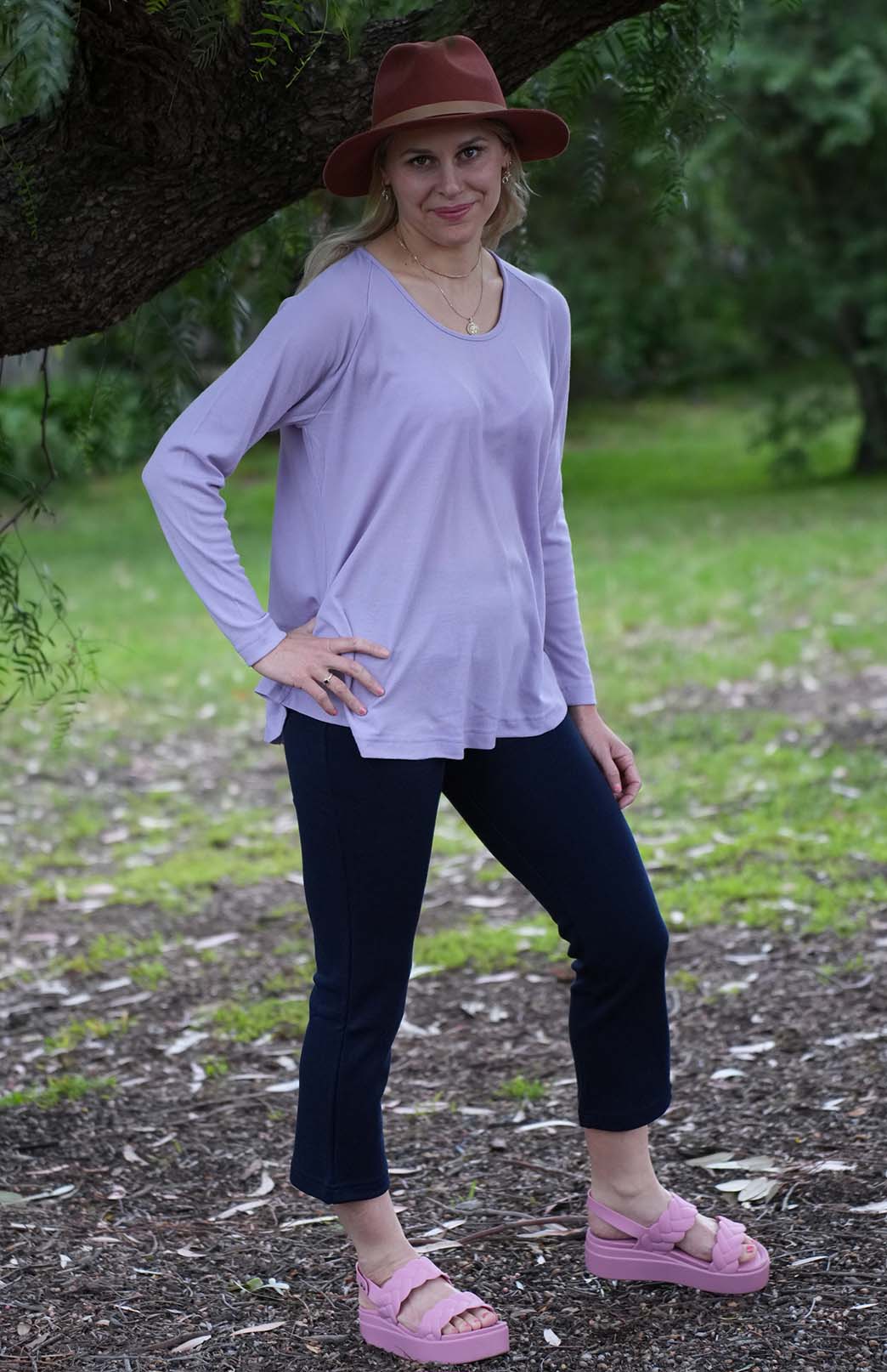 Soft Violet Purple Women's Merino Wool Long Sleeve Top with Raglan Sleeves