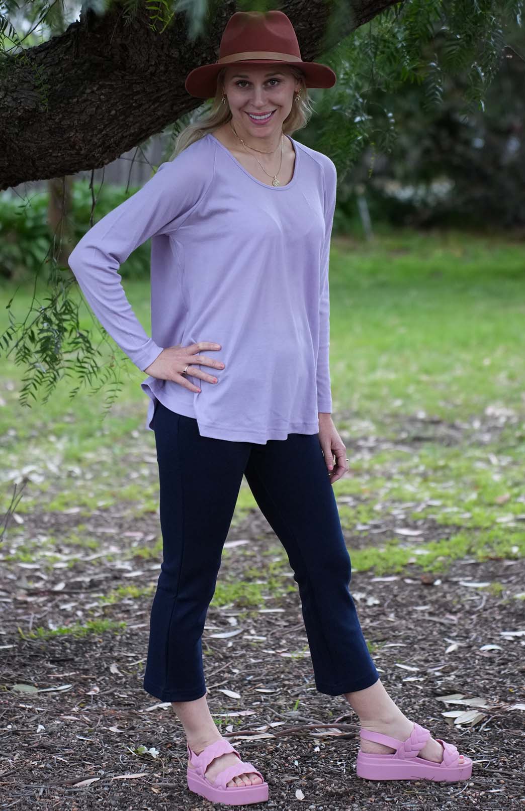 Soft Violet Purple Women's Merino Wool Long Sleeve Top with Raglan Sleeves