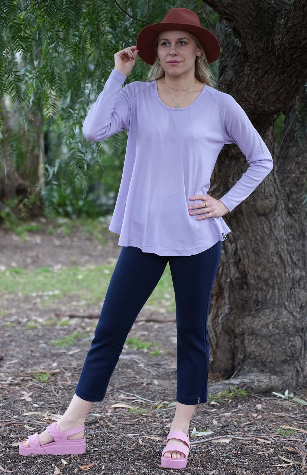 Soft Violet Purple Women's Merino Wool Long Sleeve Top with Raglan Sleeves