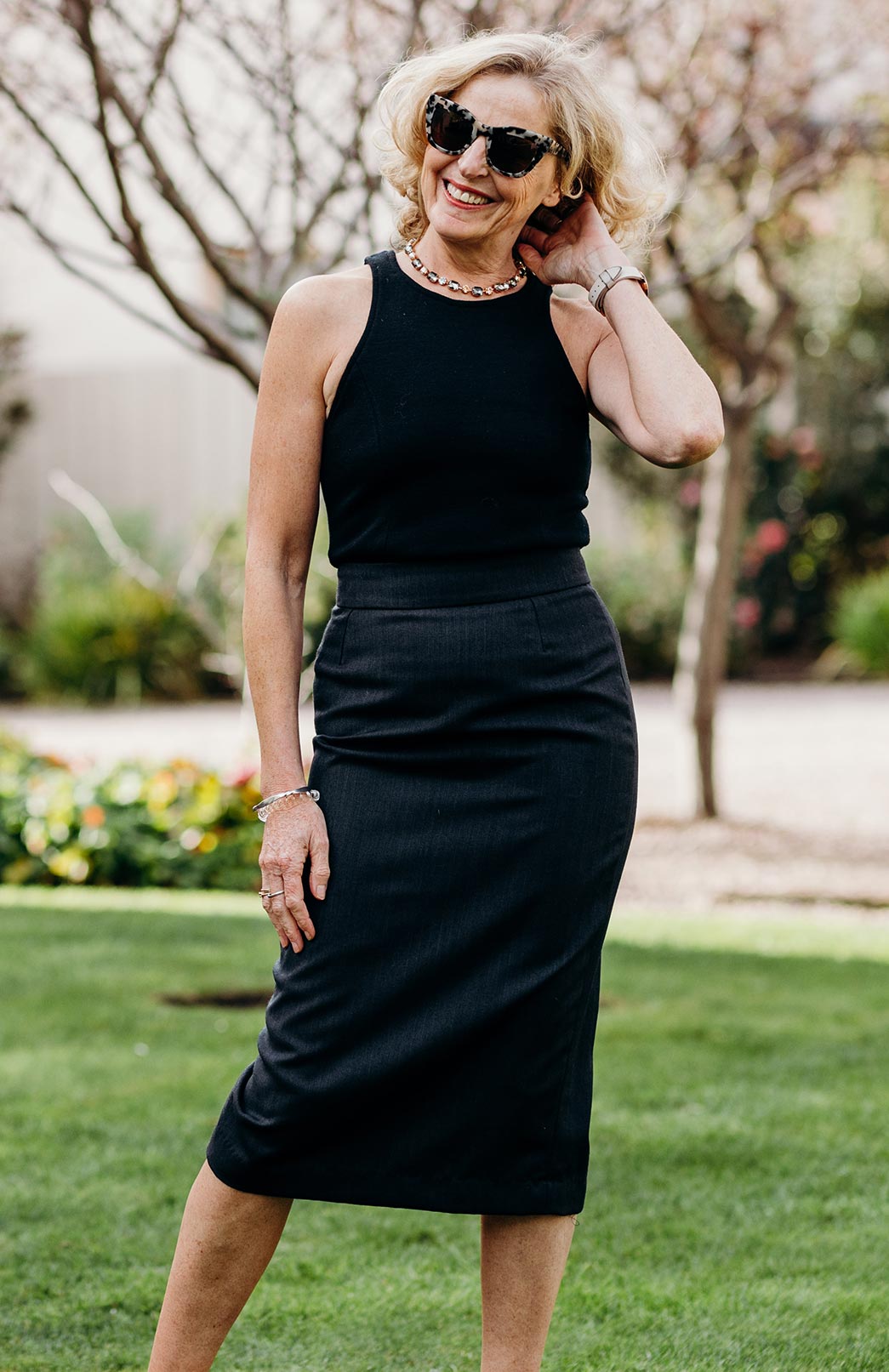 Obsidian Grey Herringbone Women's Superfine Merino Wool Herringbone Pencil Skirt with Silk Lining