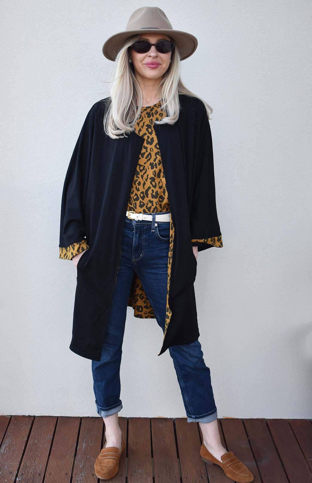 Black & Whiskey Leopard Women's Reversible Kimono Style Merino Wool Coat