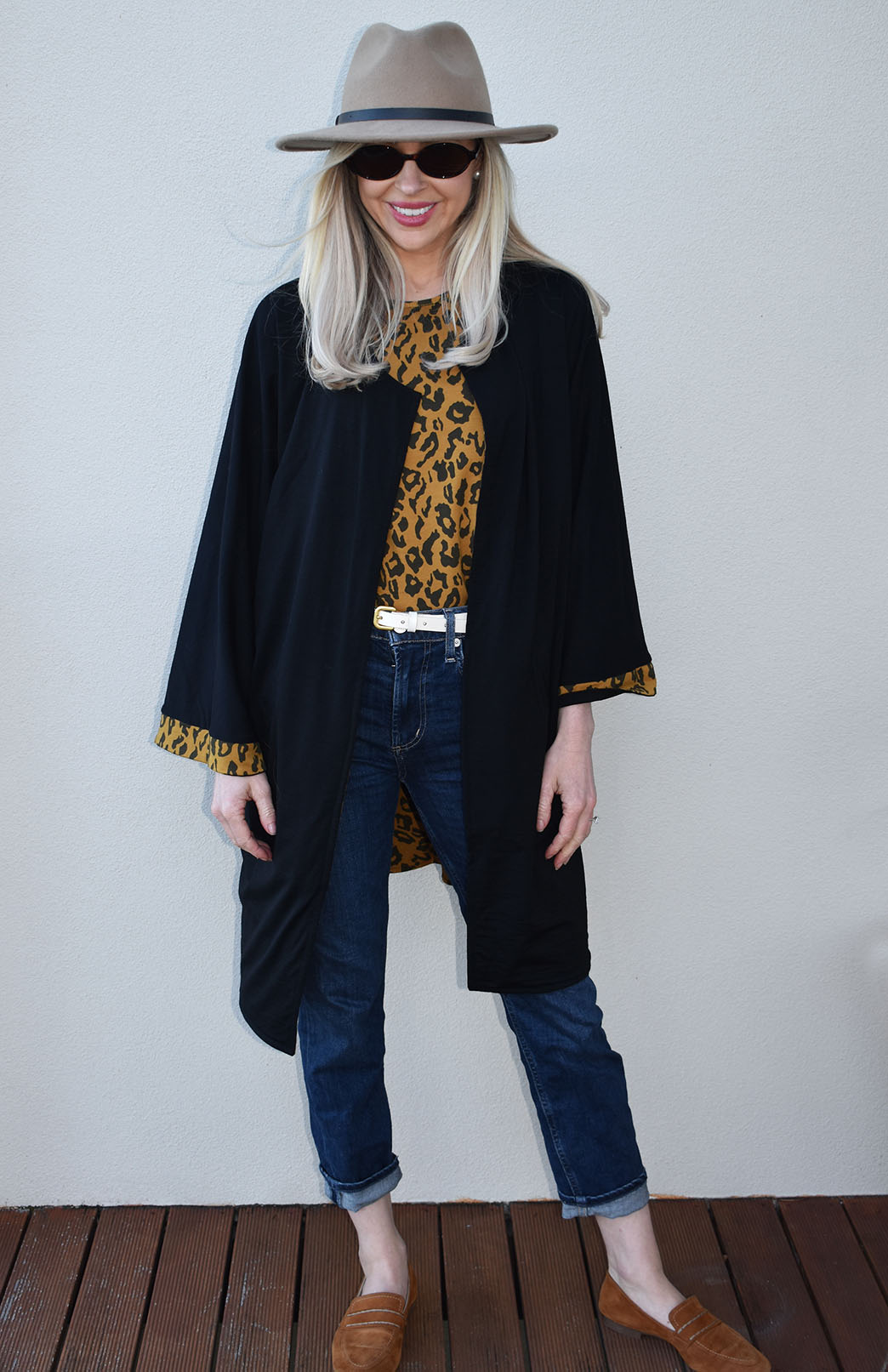 Black & Whiskey Leopard Women's Reversible Kimono Style Merino Wool Coat