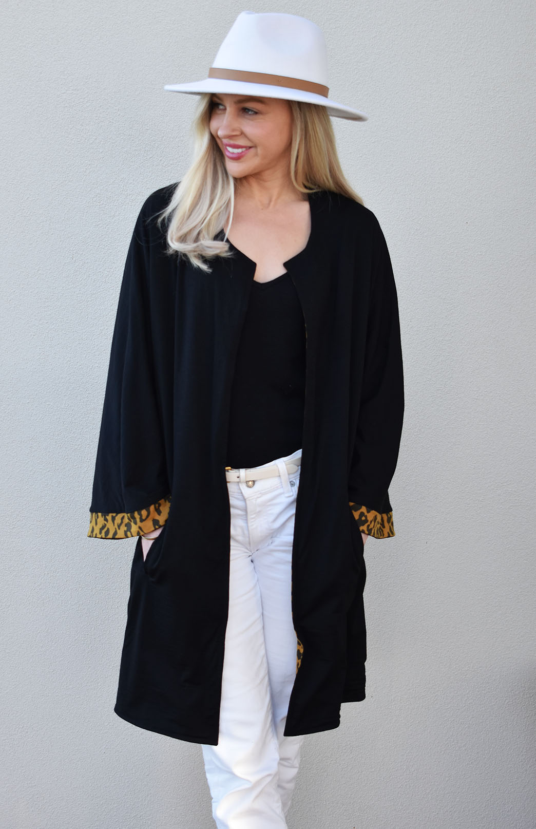 Black & Whiskey Leopard Women's Reversible Kimono Style Merino Wool Coat