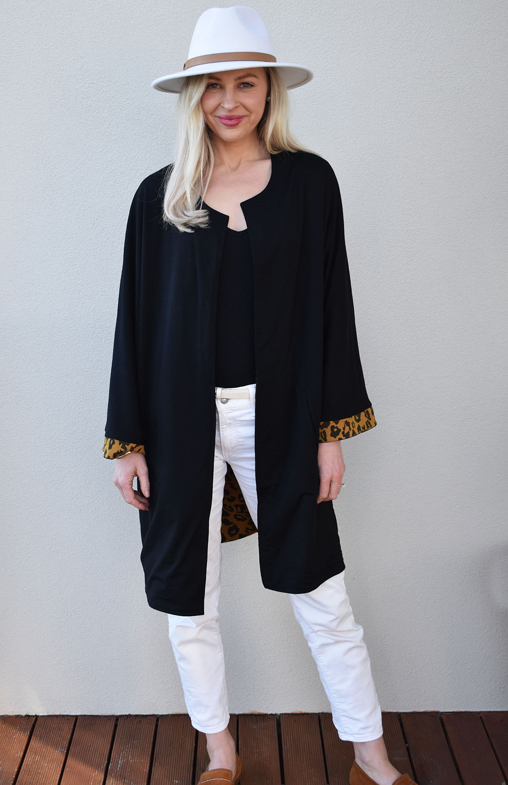Black & Whiskey Leopard Women's Reversible Kimono Style Merino Wool Coat