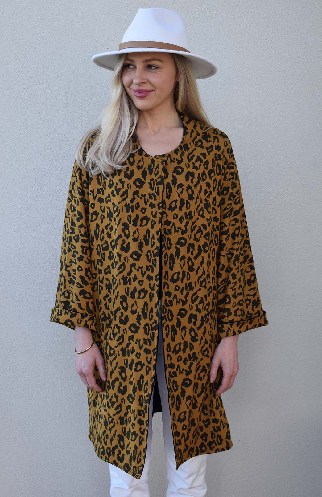 Black & Whiskey Leopard Women's Reversible Kimono Style Merino Wool Coat