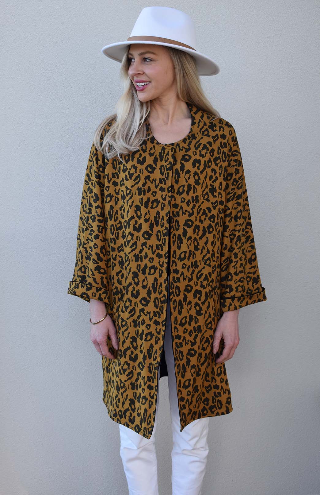 Black & Whiskey Leopard Women's Reversible Kimono Style Merino Wool Coat