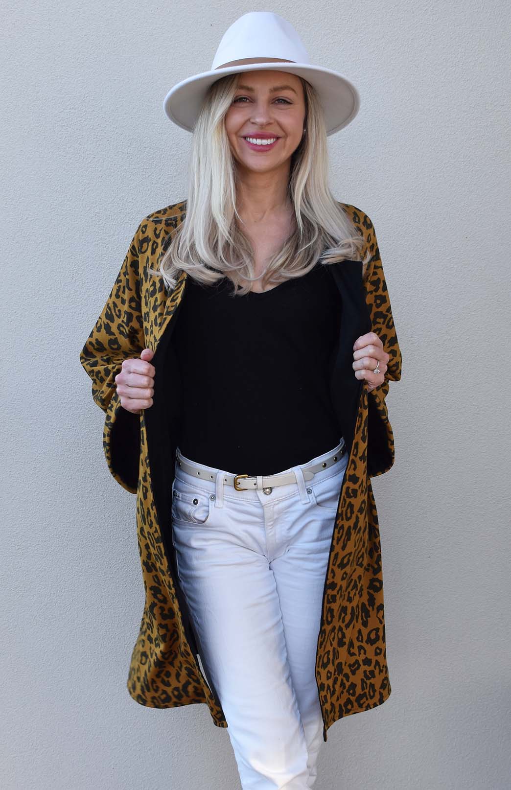 Black & Whiskey Leopard Women's Reversible Kimono Style Merino Wool Coat