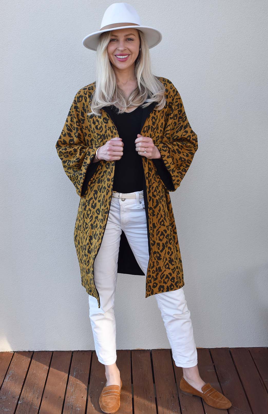 Black & Whiskey Leopard Women's Reversible Kimono Style Merino Wool Coat