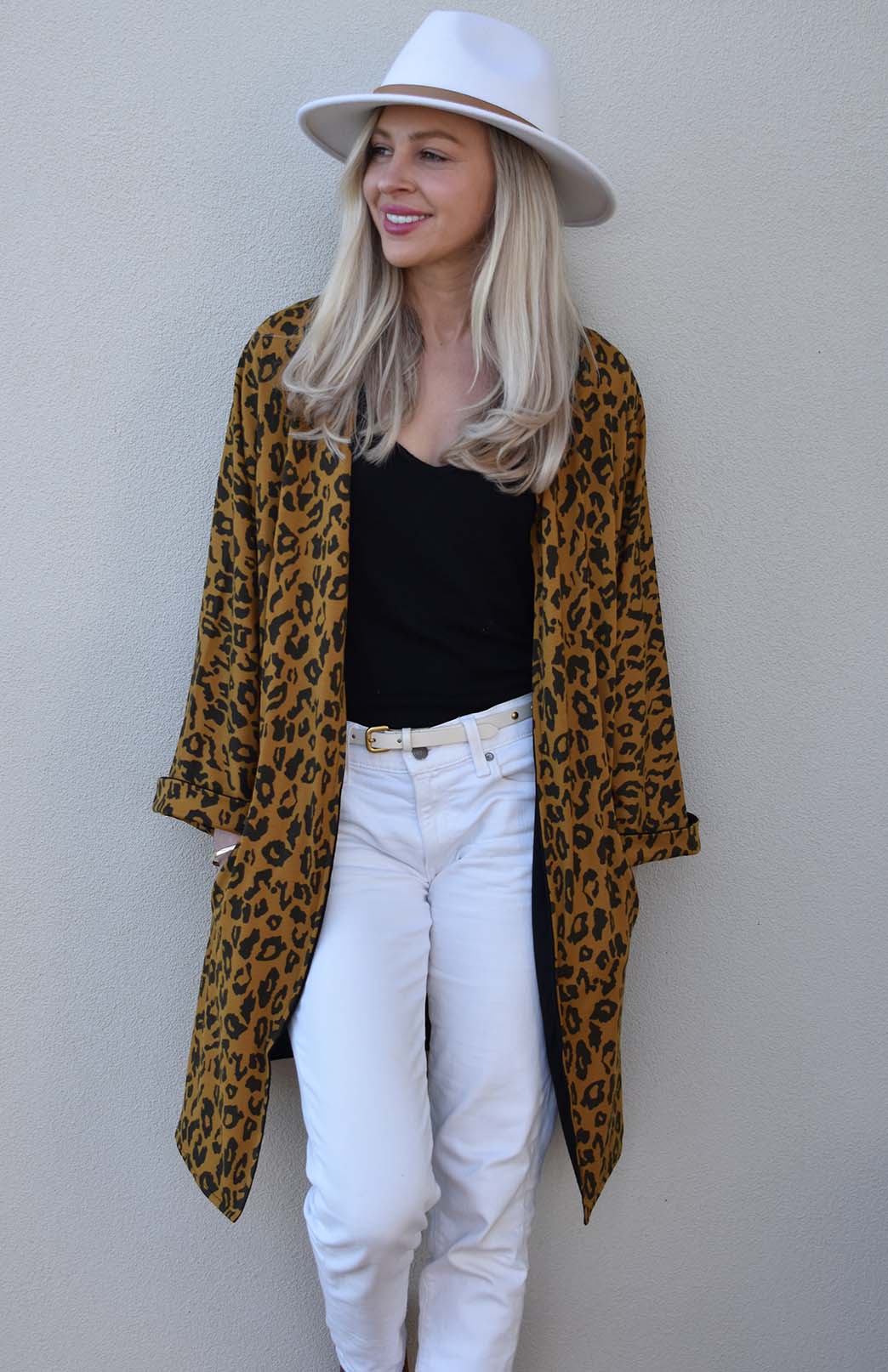 Black & Whiskey Leopard Women's Reversible Kimono Style Merino Wool Coat
