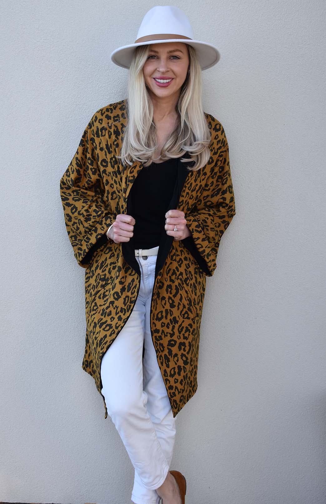 Black & Whiskey Leopard Women's Reversible Kimono Style Merino Wool Coat