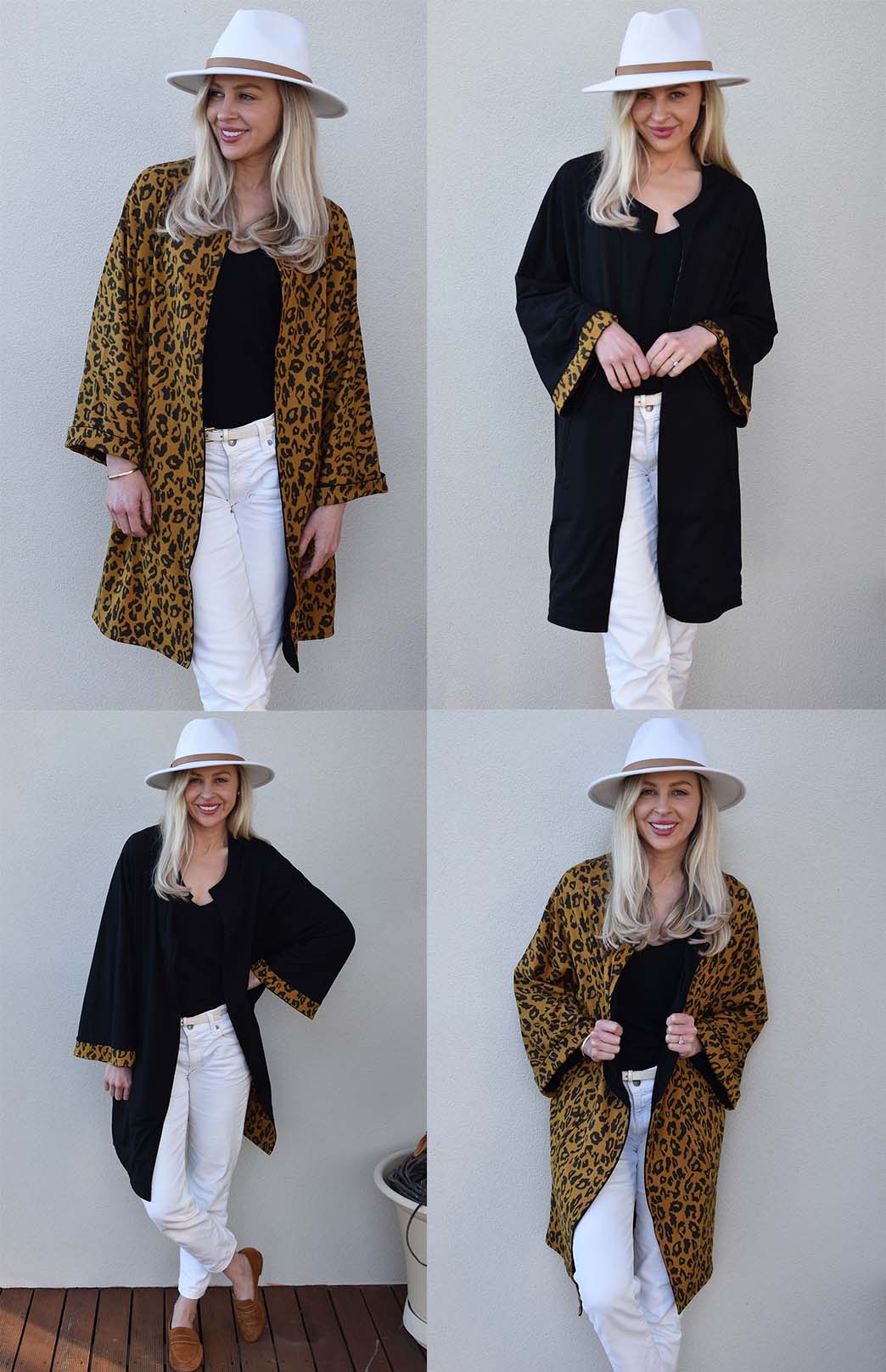 Black & Whiskey Leopard Women's Reversible Kimono Style Merino Wool Coat