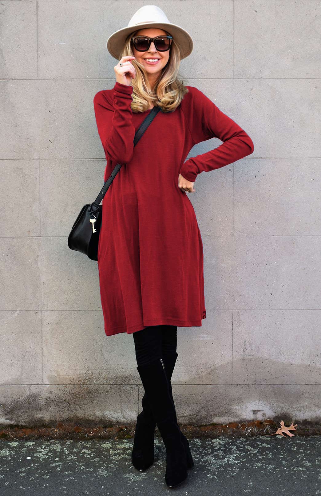 Chilli Red Women's Merino Wool Swing Dress with Long Sleeves