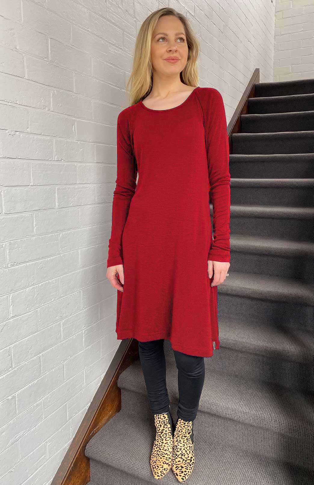 Chilli Red Women's Merino Wool Swing Dress with Long Sleeves