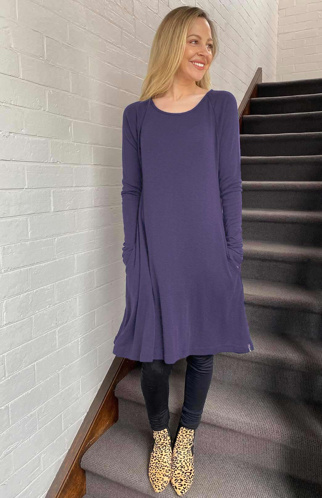 Rhianna Dress (Dress version of Rana Top) Women's Merino Wool Swing Dress with Long Sleeves