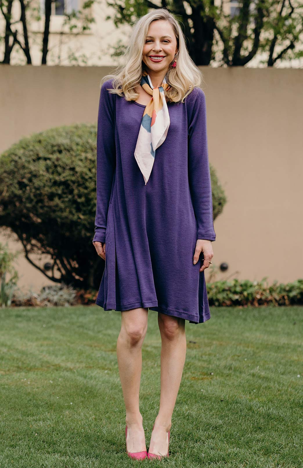 Grape Purple Women's Merino Wool Swing Dress with Long Sleeves