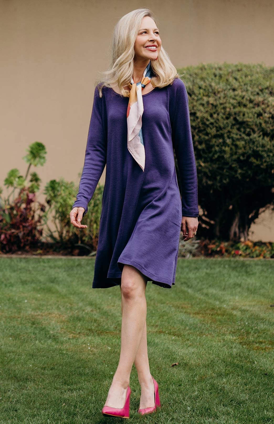 Grape Purple Women&#39;s Merino Wool Swing Dress with Long Sleeves
