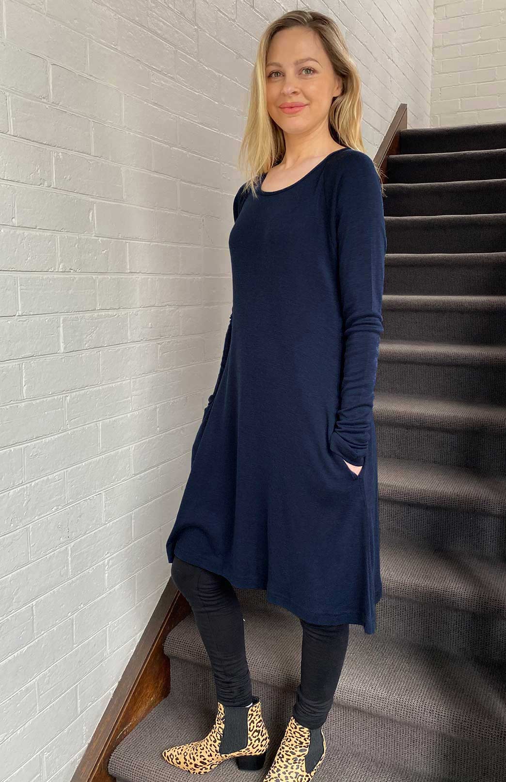 Navy Blue Women&#39;s Merino Wool Swing Dress with Long Sleeves
