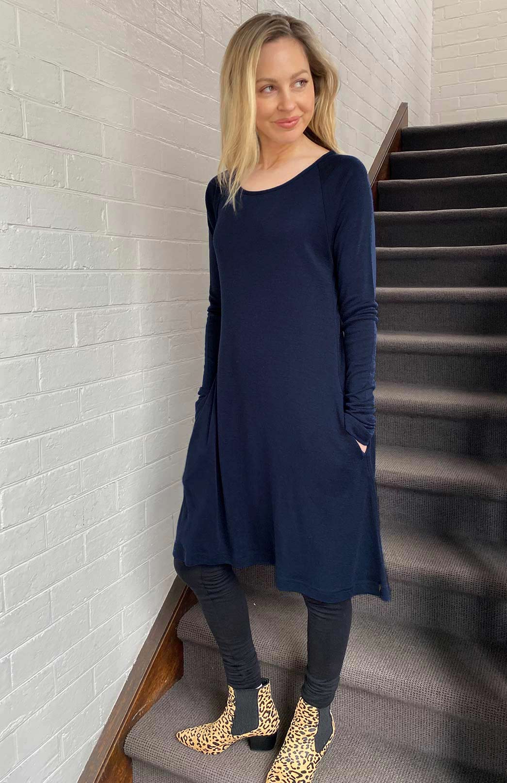 Navy Blue Women's Merino Wool Swing Dress with Long Sleeves