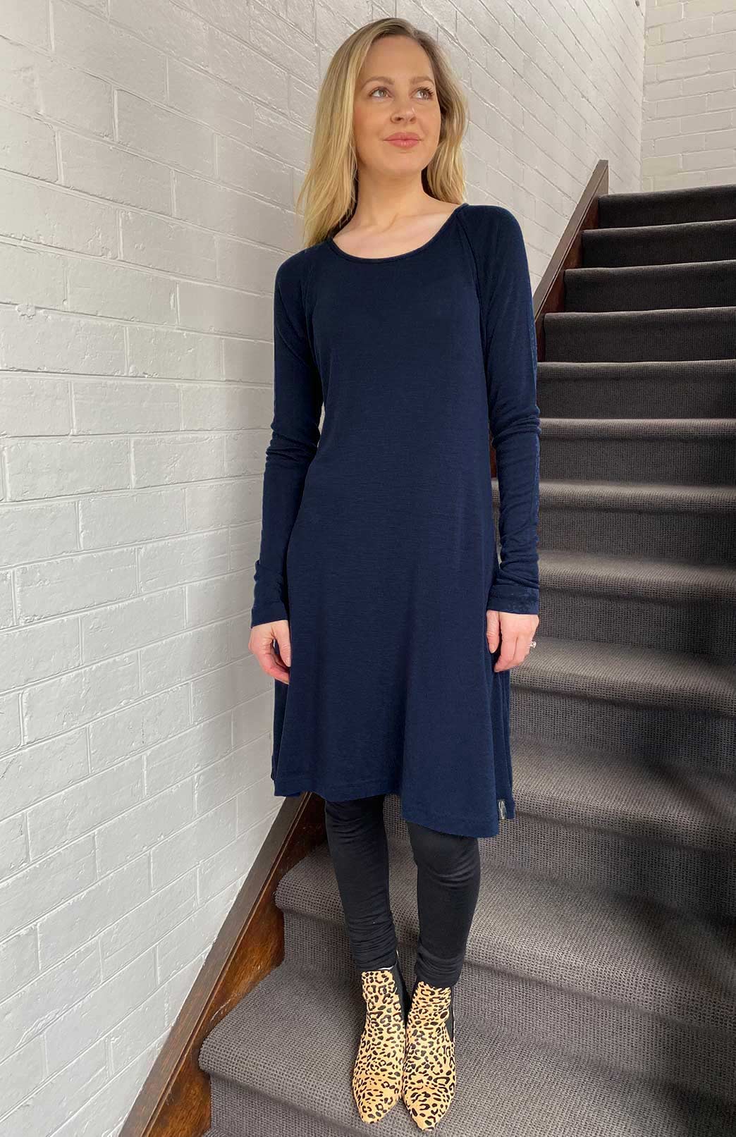 Rhianna Dress (Dress version of Rana Top) Women's Merino Wool Swing Dress with Long Sleeves