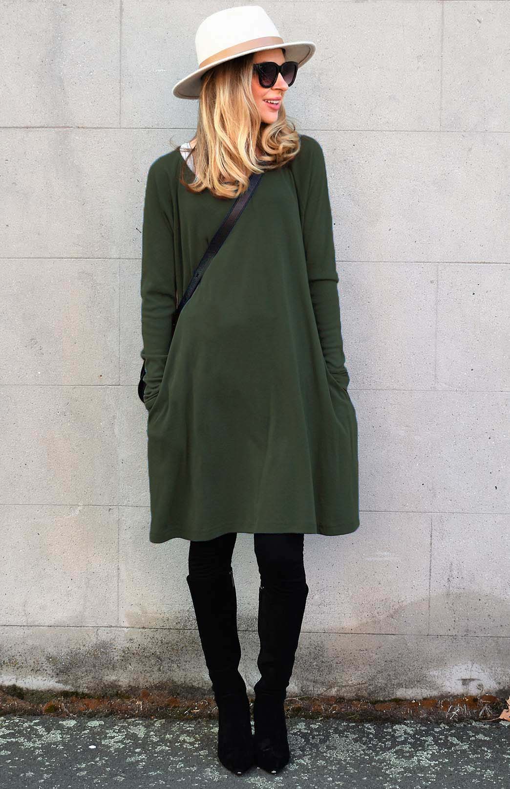 Kale Green Women's Merino Wool Swing Dress with Long Sleeves