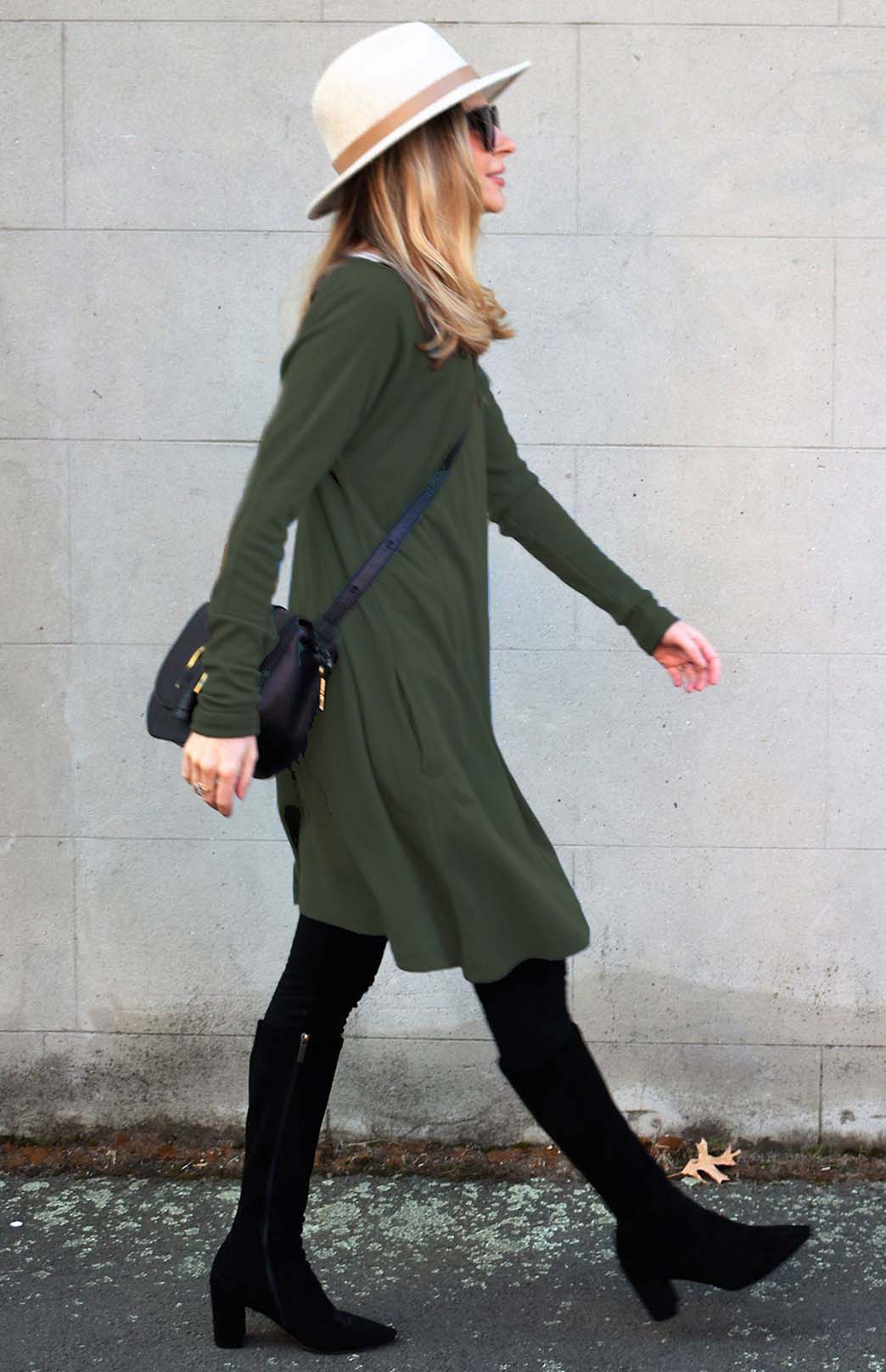 Kale Green Women's Merino Wool Swing Dress with Long Sleeves