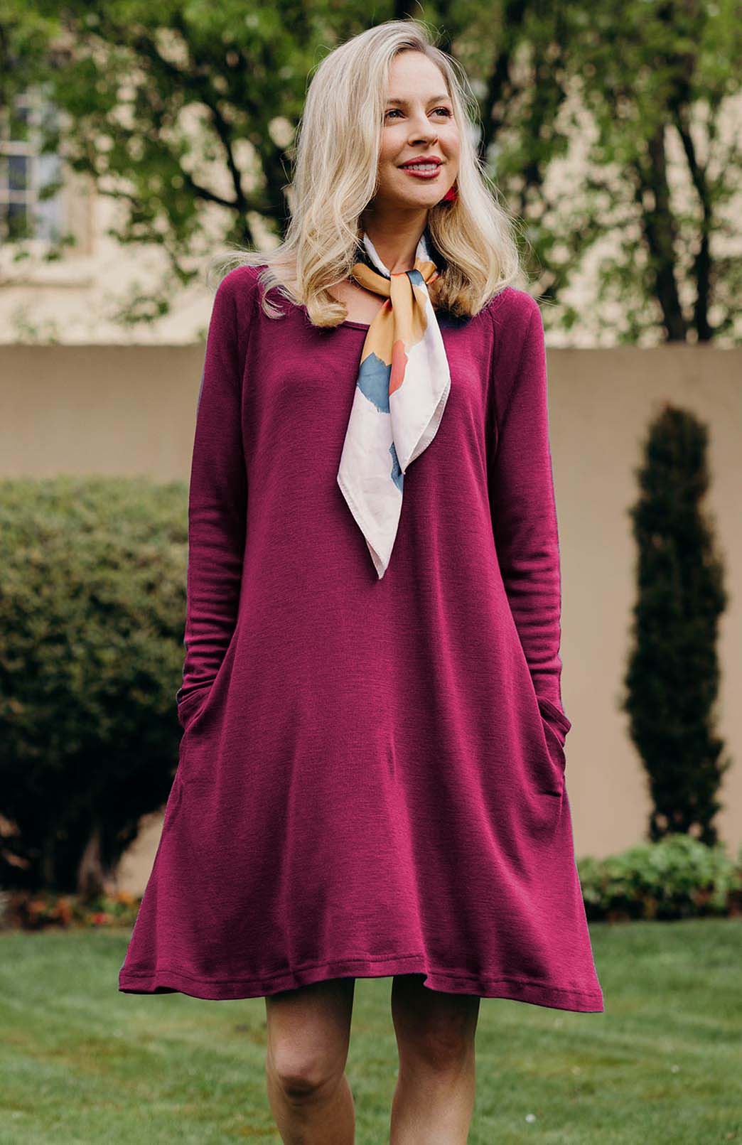 Magenta Women's Merino Wool Swing Dress with Long Sleeves