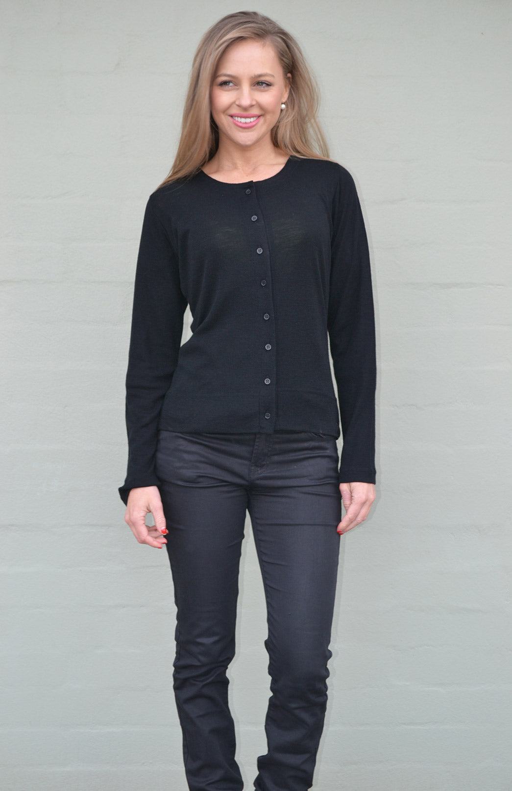 Black Women's Merino Wool Round Neck Cardigan