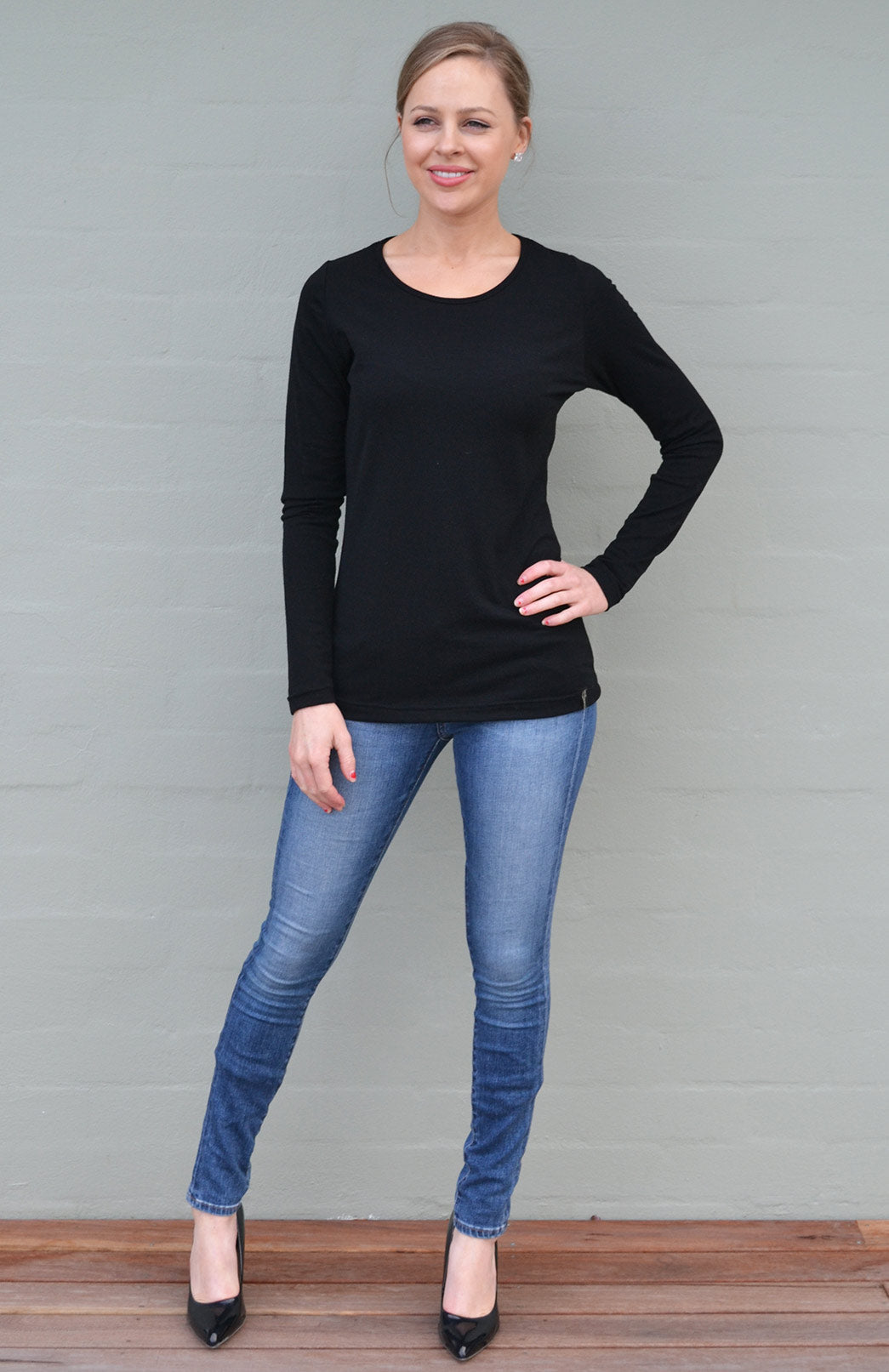 Black Women's Merino Wool Long Sleeve Fashion &amp; Layering Top