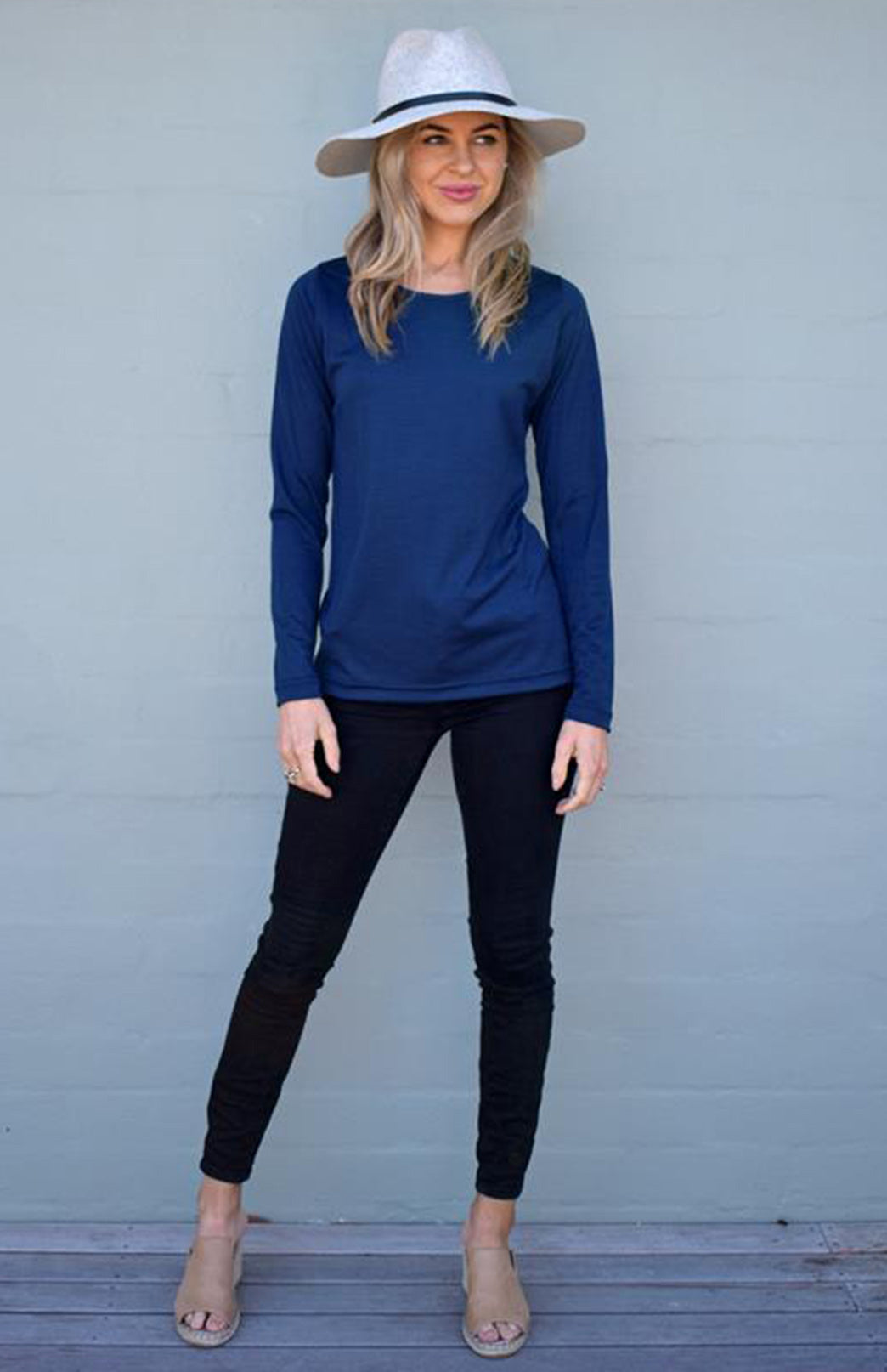 Navy Blue Women's Merino Wool Long Sleeve Fashion &amp; Layering Top