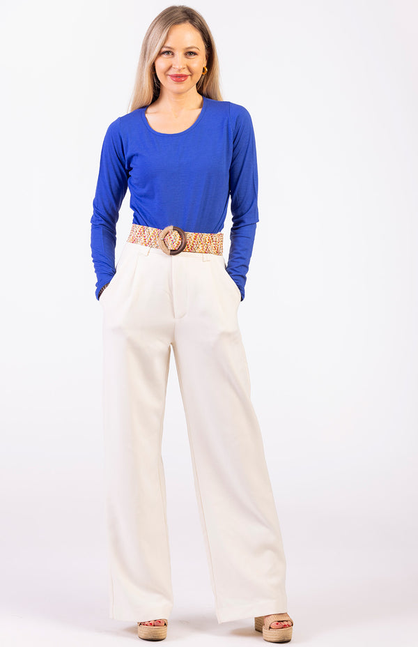 Our model wearing blue round neck top