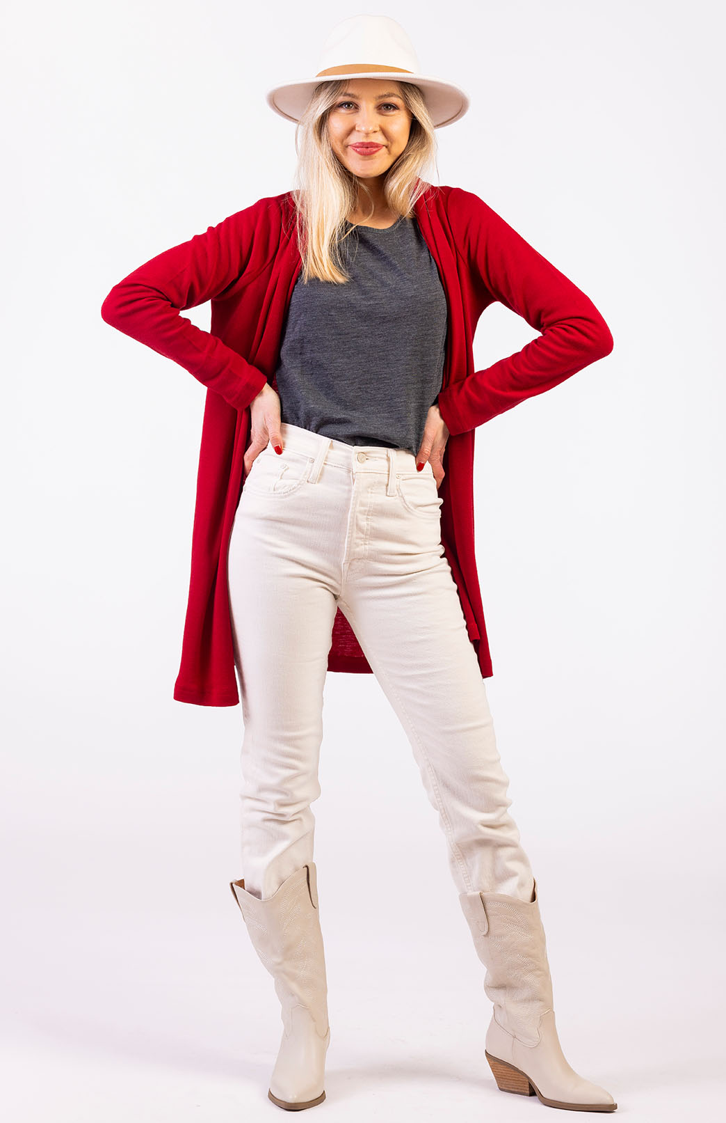 Chilli Red Women's Merino Wool Drape Cardigan
