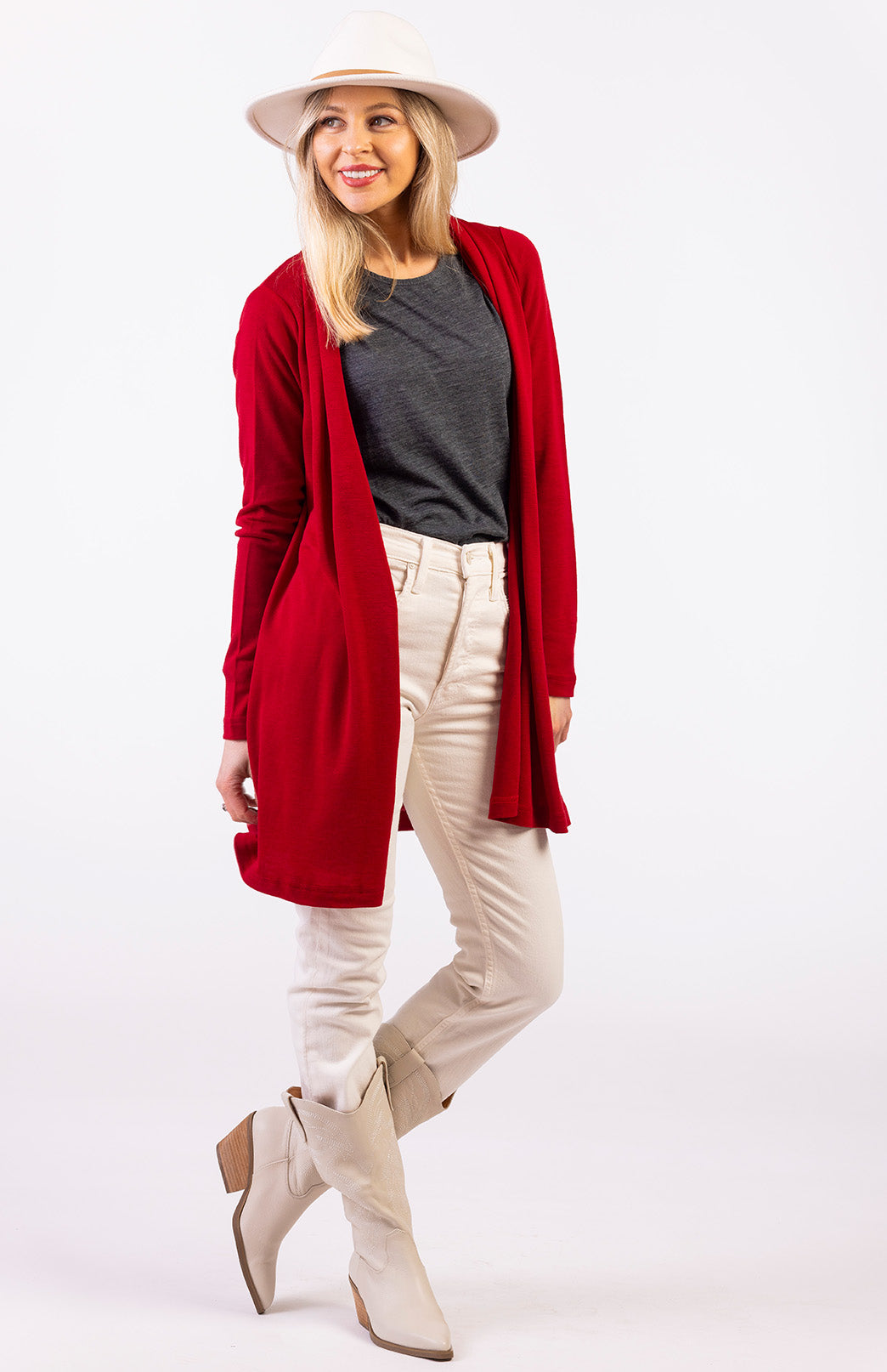 Chilli Red Women's Merino Wool Drape Cardigan